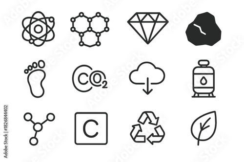 Carbon Icon Set. Carbon. Line icon set of Carbon: carbon atom model, graphite crystal, diamond lattice, coal chunk, carbon footprint, CO2 molecule, emission
