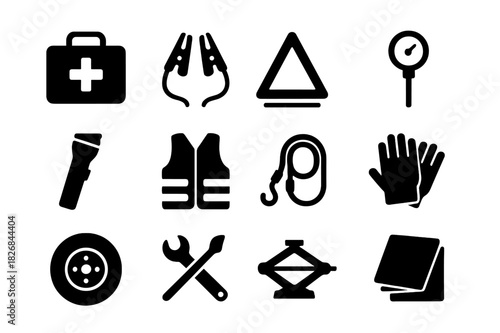 Emergency Kit Essentials. Emergency Kit. Solid icon set of Emergency Kit: first aid box, jumper cables, warning triangle, tire pressure gauge, flashlight,