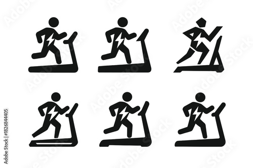 Treadmill Icon Set. Treadmill workout. Icon set. Set Logo of treadmill workout: treadmill energy icon. harmonious logo variations of the same emblematic