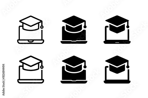Remote Education Logos. Remote education access. Icon set. Set Logo of Remote education access: Laptop with graduation cap. harmonious logo variations of the