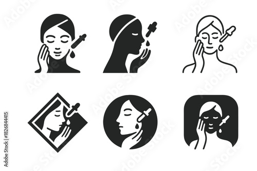 Skincare Logo Variations. Creating a night-time skincare routine. Icon set. Set Logo of skincare: applying facial serum. harmonious logo variations of the same