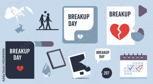 The image depicts various illustrations and icons symbolizing relationship breakups, emotional distress, and the concept of "Breakup Day" with broken hearts, torn photos, and a calendar.