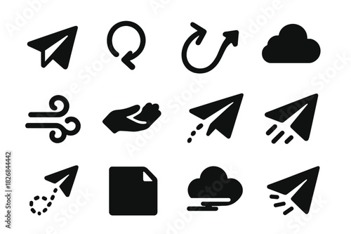 Flight Practice Icons. Flight practice. Solid icon set of Flight practice: paper plane, loop, curve arrow, trajectory line, cloud, wind swirl, throw hand,