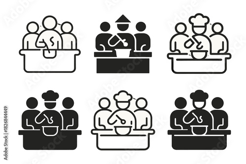 Cooking Friends Logos. Cooking together with friends. Icon set. Set Logo of cooking: friends around kitchen island. harmonious logo variations of the same