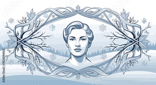 Stylized portrait of a woman with short hair in an ornate winter-themed oval frame, surrounded by snowflakes and bare branches.