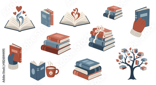 A collection of cozy book illustrations featuring stacks of books, open books with hearts, reading in mittens, and a book tree, evoking warmth and knowledge.