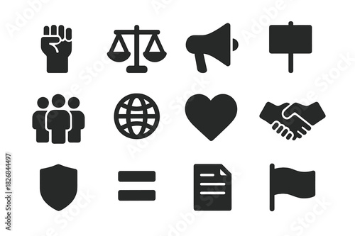 Social Justice Icons. Social justice. Solid icon set of social justice: raised fist, scales, megaphone, protest sign, people, globe, heart, handshake, shield,