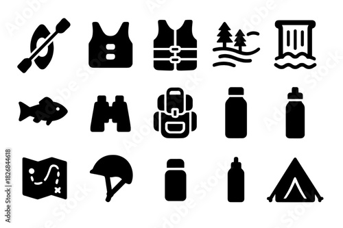 River Adventure Icons. River adventure. Solid icon set of river adventure: kayak, paddle, life jacket, river, waterfall, fish, binoculars, backpack, water