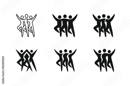 Dance Logo Variations. Dance group performances and ensembles. Icon set. Set Logo of dance group: synchronized dancer silhouettes. harmonious logo variations