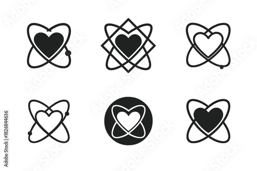 Serendipity Logo Variations. The science of serendipity. Icon set. Set Logo of serendipity: orbiting atoms and heart. harmonious logo variations of the same