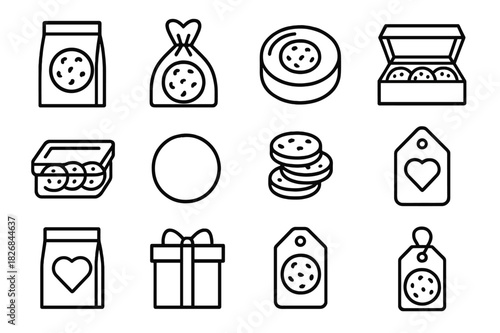 Cookie Packaging Icons. Cookie packaging. Line icon set of cookie packaging: cookie bag, ribbon tied bag, cookie tin, cookie box, clear container, label
