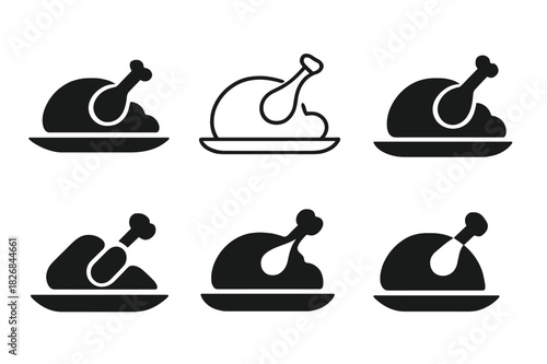 Roasted Chicken Icons. Preparing a roasted chicken with a side of mashed potatoes. Icon set. Set Logo of roasted chicken meal: chicken drumsticks and mashed
