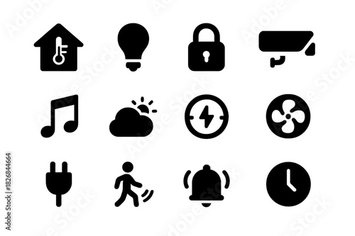 Smart Home Icons. Smart home widgets. Solid icon set of smart home widgets: thermostat, light bulb, lock, camera, music, weather, energy meter, fan, plug,