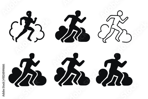 Running Through Smoke Logos. running through smoke. Icon set. Set Logo of running through smoke: athlete breaking through fog. harmonious logo variations of