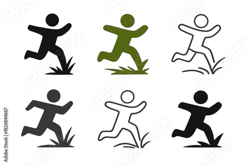 Dynamic Running Icon Set. Happy Person Running Through a Field. Icon set. Set Logo of Happy Person Running Through a Field: dynamic motion and grass lines.