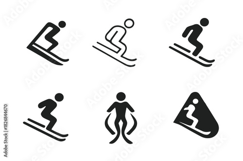 Ski Emblem Logo Set. Skiing or snowboarding down a snowy mountain slope. Icon set. Set Logo of ski tracks in snow. harmonious logo variations of the same