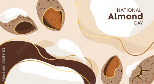 An illustration celebrating National Almond Day with shelled and unshelled almonds on a beige background with abstract brown and gold elements.