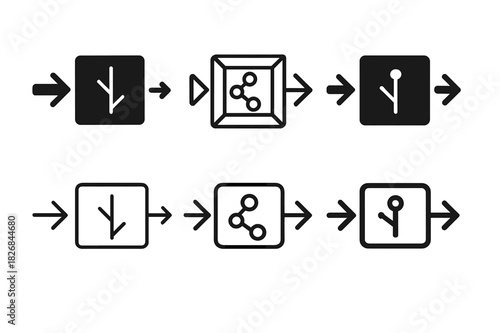 Machine Learning Icons. Machine learning algorithm flowchart. Icon set. Set Logo of machine learning algorithm flowchart: Data input and output arrows.