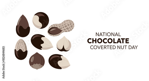 Vector illustration for National Chocolate Covered Nut Day with various nuts, some dipped in chocolate, on a white background.