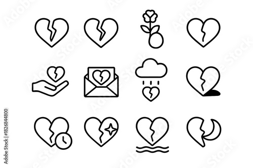 Heartbreak Icon Collection. Heartbreak. Line icon set of heartbreak: broken heart, crack, tear, flower, hand, letter, rain, shadow, clock, star, wave, moon.