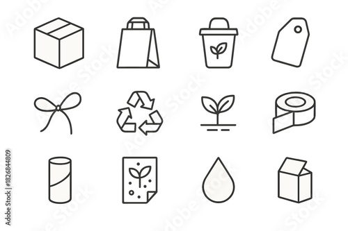 Eco-Friendly Packaging Icons. Eco-friendly packaging. Line icon set of eco-friendly packaging: paper box, kraft bag, compostable cup, label tag, string tie,