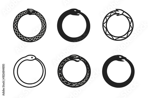 Snake Logo Variations. Snake. Icon set. Set Logo of snake: Snake curled in circle biting its tail (ouroboros). harmonious logo variations of the same