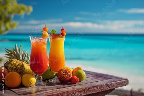 Refreshing Summer Cocktails on a Wooden Table by the Beach During a Sunny Day