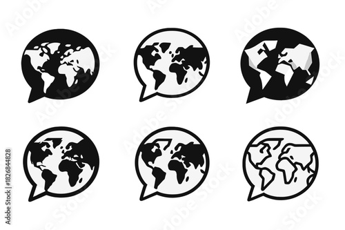 Virtual Meeting Icons. Virtual meetings with global team members. Icon set. Set Logo of virtual meeting: speech bubbles across continents. harmonious logo