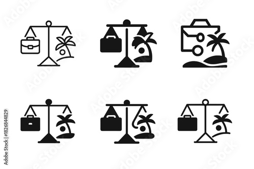 Work-Life Balance Icons. Work-life balance. Icon set. Set Logo of work-life balance: balanced hands holding work and life symbols. harmonious logo variations