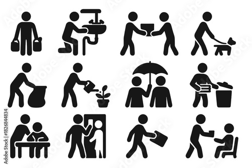 Daily Assistance Icons. Daily assistance. Solid icon set of daily assistance: carrying groceries, fixing sink, delivering package, walking dog, taking out