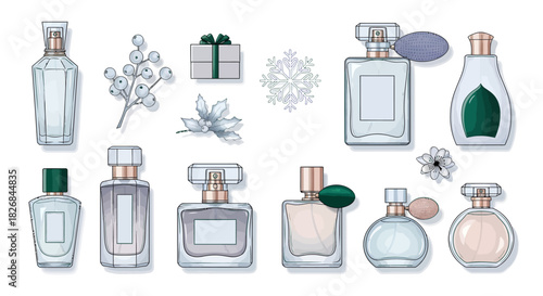 A collection of elegant perfume bottles with decorative winter elements like berries, a gift box, and snowflakes, set against a white background.