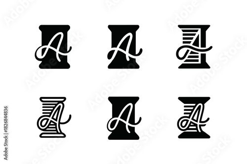 Custom Clothing Logos. Personalized fashion and custom clothing. Icon set. Set Logo of personalized fashion and custom clothing: spool of thread forming an