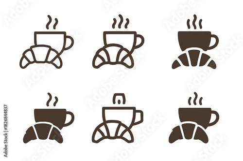 Cafe Logo Variations. Cafe. Icon set. Set Logo of Cafe: croissant and coffee pairing. harmonious logo variations of the same emblematic concept, each with