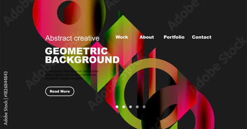 Modern website mockup. Vibrant geometric shapes, dark background, navigation menu present. Text details included, button visible.