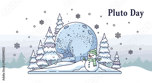 An illustration depicting a snowy winter scene with a large, textured sphere representing Pluto, surrounded by snow-covered pine trees and a cheerful snowman, celebrating Pluto Day.