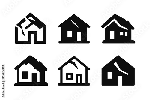 Abandoned House Logos. Dilapidated house with no sign of life. Icon set. Set Logo of abandoned home: roof caving inward. harmonious logo variations of the same