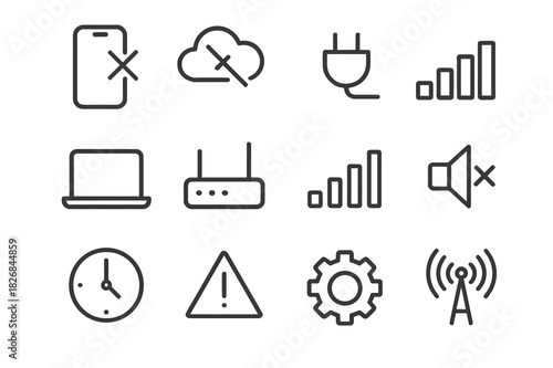 Offline Mode Icons. Offline mode. Line icon set of offline mode: phone with x, cloud off, plug disconnected, laptop, router, signal bar, clock, alert symbol,