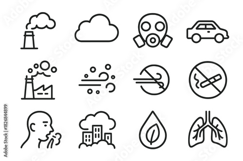 Air Pollution Icons. Air pollution. Line icon set of air pollution: smoke stack, cloud, gas mask, car exhaust, factory, dust particles, wind arrow, no smoke