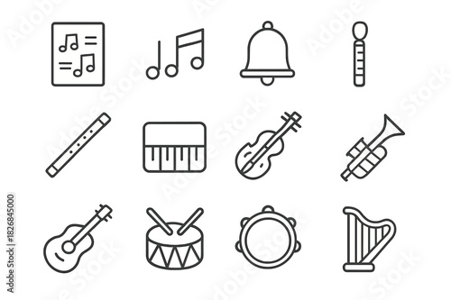Seasonal Music Icons. Seasonal Music. Line icon set of Seasonal Music: carol sheet, music notes, bell, flute, piano, violin, guitar, drum, trumpet, harp,
