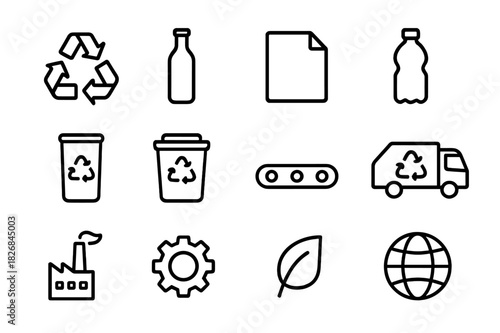 Recycling Icon Set. Recycling process. Line icon set of recycling process: recycling arrows, glass bottle, paper, plastic, metal can, sorting bin, conveyor