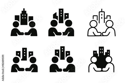 Urban Social Icon Set. Casual meetups and socializing in urban settings. Icon set. Set Logo of casual meetups and socializing in urban settings: city skyline.