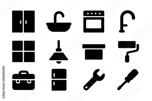 Kitchen Renovation Icons. Kitchen renovation. Solid icon set of kitchen renovation: cabinet, sink, stove, faucet, tile, light fixture, countertop, paint
