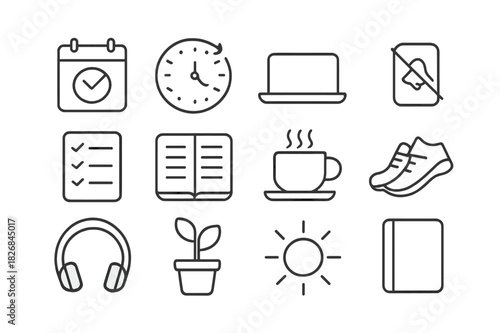 Flexible Schedule Icons. Flexible Schedule. Line icon set of Flexible Schedule: calendar with flexible day, clock with arrows, laptop closed, phone silent,