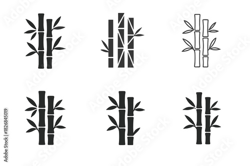 Bamboo Forest Logos. bamboo forests. Icon set. Set Logo of bamboo forests: bamboo grove with leaves. harmonious logo variations of the same emblematic concept,