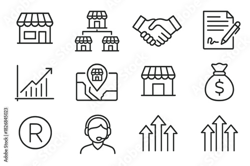Franchise Growth Icons. Business growth through franchising. Line icon set of Business growth through franchising: franchise store, store network, business