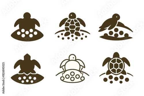 Sea Turtle Nest Logos. Nest. Icon set. Set Logo of nest: sea turtle nest in sand with eggs. harmonious logo variations of the same emblematic concept, each