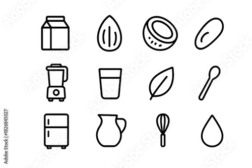 Dairy-Free Kitchen Icons. Dairy-free kitchen. Line icon set of dairy-free kitchen: milk carton, almond milk, coconut, soy bean, blender, glass, leaf, spoon,