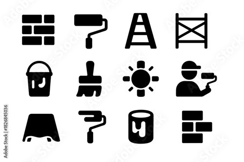 Exterior Painting Icons. Exterior painting. Solid icon set of Exterior painting: wall, paint roller, ladder, scaffold, bucket, brush, drop cloth, sun icon,