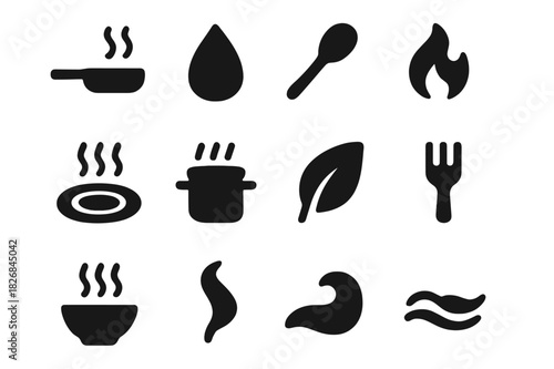 Kitchen Aroma Icon Set. Kitchen aroma. Solid icon set of kitchen aroma: pan, steam, droplet, spoon, flame, plate, pot, herb leaf, fork, bowl, smoke swirl,