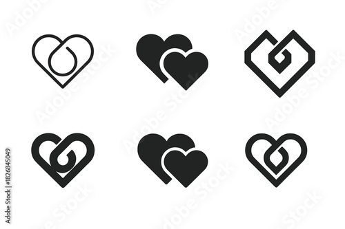 Interlocking Heart Logos. Love and bonding through shared responsibilities (family, work). Icon set. Set Logo of love and bonding through shared